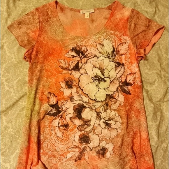 DB Established 1962 Peach Silky Floral Bell Sleeve Blouse wms Sz Med - Picture 9 of 13